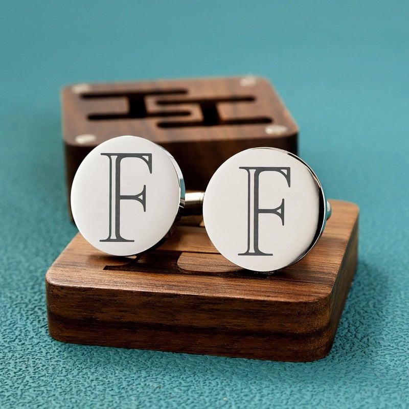 SeemDanten Mens Classic Initial Cuff links A-Z Alphabet 26 Letters Stainless Steel Silver CuffLinks with Engraved Walnut Wood Gift Box Business Wedding Set - Image 5